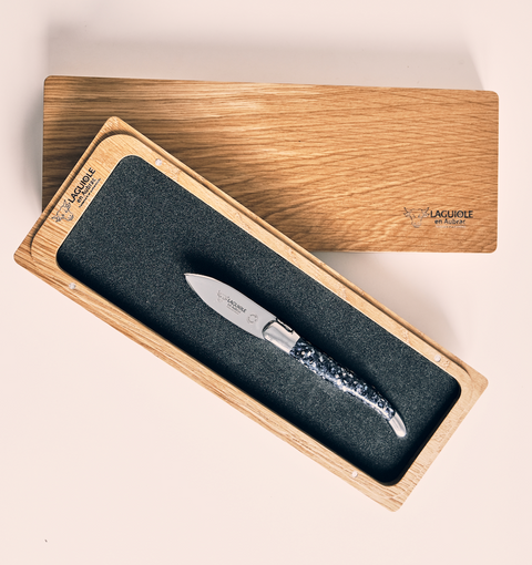 Austernmesser in Holzetui, Griff aus zerstossenen Austernschalen in Harz, Farbe dunkelblau/perlmutt, Laguiole en Aubrac x House of Oysters